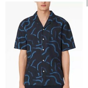 Frank & Oak Navy Short-Sleeve Button-Down Shirt with Blue Abstract Print